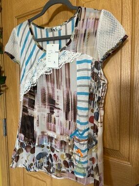 S&C Mixed Print Lace Accent Short Sleeve Tunic Top - Multicolor